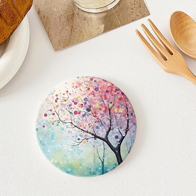 Llama Painting Tree Beautiful Set of 4 Ceramic Coasters with Holder,Absorbent Drink Bar Coasters,Table Coasters