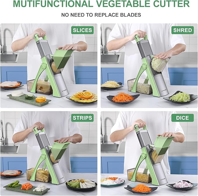 [All in 1] Upgraded Version Safe Mandoline Slicer for Kitchen, Adjustable Thickness. Veggie Slicer, Rapid Prep Mandoline, Detachable Blade, Cleaning Brush (Green)
