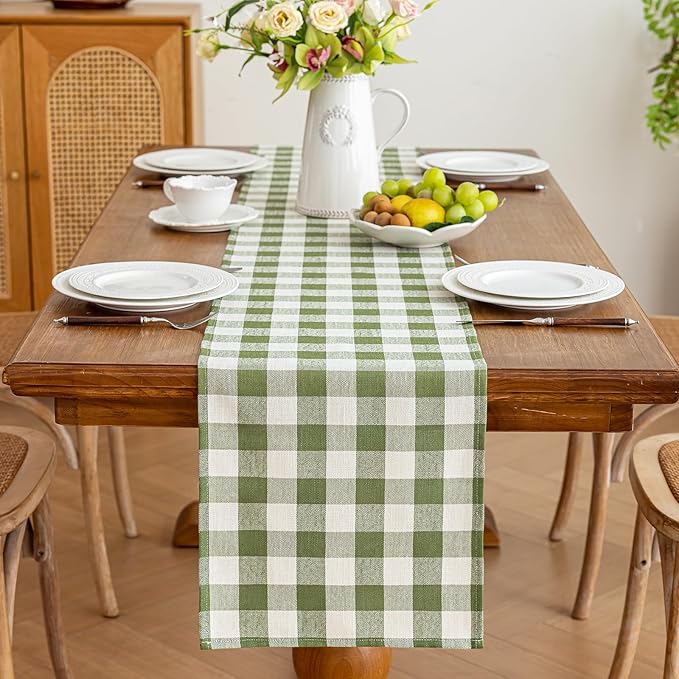 Alsoo Spring Green Gingham Table Runner 13 x 90 inches Long, Cotton Linen Farmhouse Checkered Kitchen Dining Table Decor for Home Party, Wrinkle Free