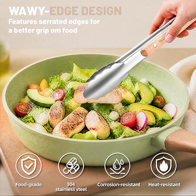 9+12 inch Stainless Steel Kitchen Tongs for cooking with Wood Handle, Set of 2