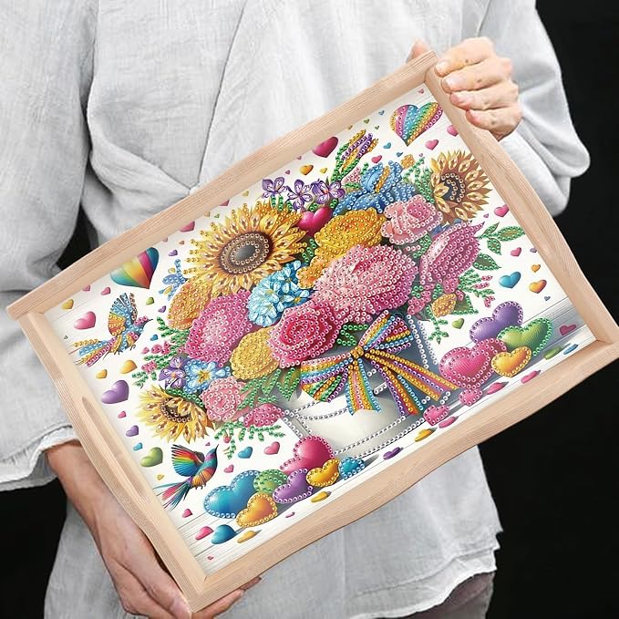 DIY Diamond Serving Tray Rectangular Breakfast Tray with Handle Handmade Diamond Art Painting Wooden Tray for Dinner Plate Coffee Room Living Home Organizer-Bouquet