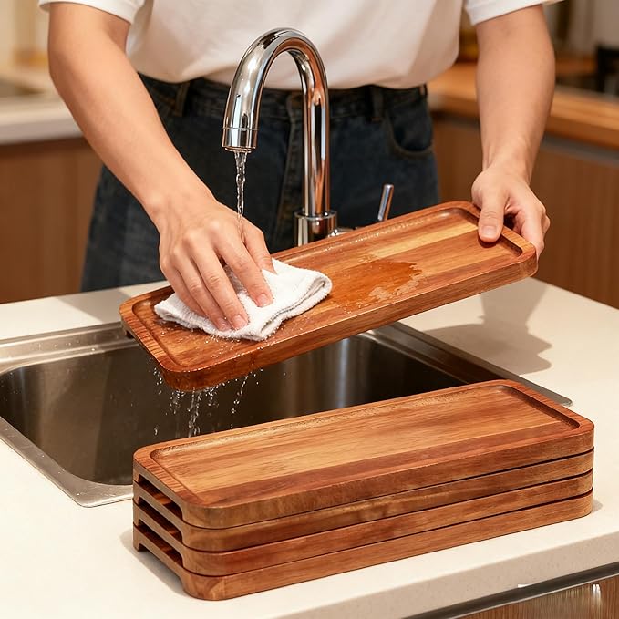 Wood Serving Trays Set of 6, 14 x 6 inch Acacia Wood Platters, Long Rectangular Wooden Trays for Charcuterie, Appetizers, Dessert, Party Serving & Kitchen Décor