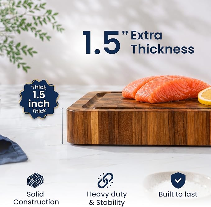 HOMESTEAD End Grain Acacia Wood Cutting Board for Kitchen 24x18x1.5 in, Large Butcher Block Chopping Board for Meat Vegetables with Juice Groove, Handles, Knife-Friendly Surface, Sorting Compartments