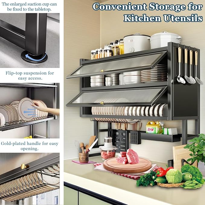 4-Tier Dish Drying Rack with Cover – Above Sink Kitchen Storage Rack, Large Space-Saving Shelf for Dishes, Glasses, Bowls & Cutlery, Black (W-40'')