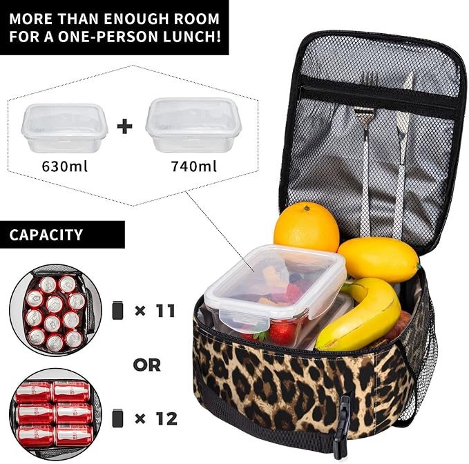 Leopard Cheetah Print African Animal Hunting Insulated Lunch Bag Portable Reusable Zipper Lunch Box For Men Women Work Picnic Travel Camping