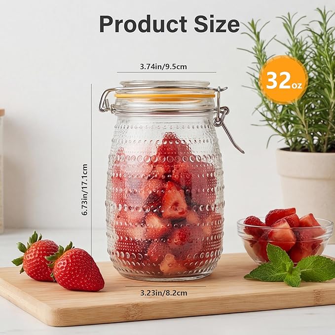 Glass Jars with Airtight Lids, 6Pack 32oz Wide Mouth Mason Jar with Clamp Lids, Food Containers for Grains, Nuts, Noodles, Coffee Beans, Snacks, Fruits, Polka Dots