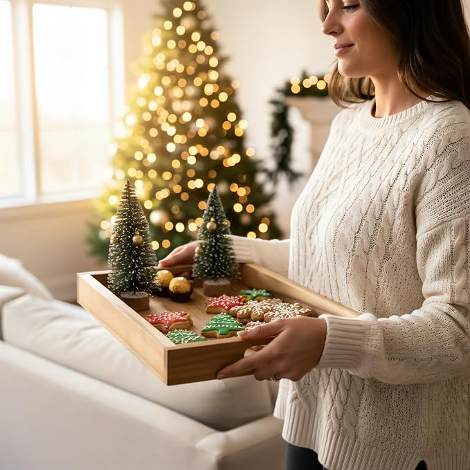 Natural Acacia Wooden Rectangular Serving Tray with Handles, Set of 2 (15"x11" & 13.6"x9.6"), Large Tray for Ottoman, Breakfast in Bed, Dinner, Coffee Table Decor & Kitchen