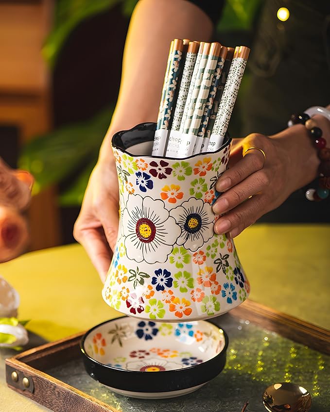 Utensil Holder for Kitchen Counter, Large Ceramic Utensil Holder Crock with Drain Tray, Hand-Painted Floral Rustic Farmhouse Kitchen Crock, Perfect for Women, Christmas, Hostess Gifts & Fall Decor