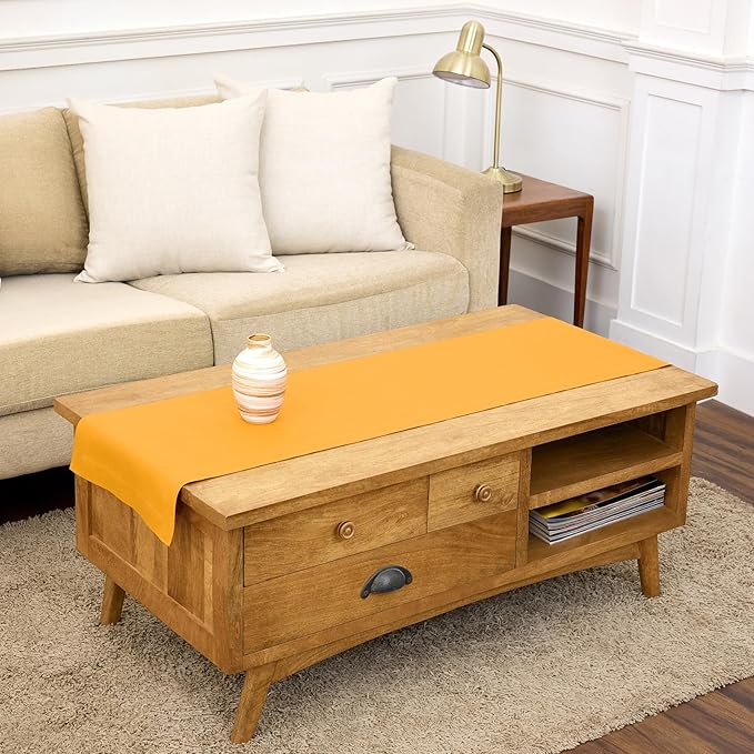 Solino Home Linen Table Runner 48 Inches - 100% Pure Linen Tangerine Yellow Table Runner 14 x 48 Inch Ideal for Dresser and Coffee Tables, Spring, Summer - Fete