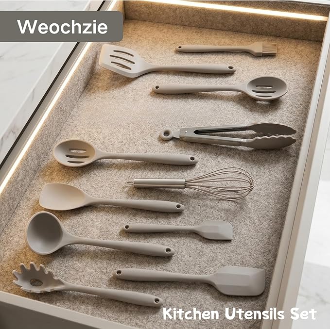 Silicone Kitchen Utensils Set,10 PCS Cooking Kitchen Utensils Set, Nonstick Kitchen Utensils 446°F Heat-Resistant Cookware Kitchen Tools of Spoon,Brush,Whisk,Spatula,Turner Tongs(Khaki)