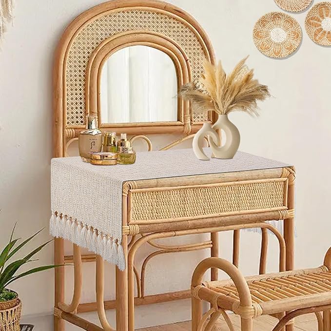 yuboo Boho Dresser Runner for Bedroom 36 Inch, Short Table Runner with Tassels, Small Farmhouse Dresser Top Cover for Nightstand, End Table, Coffee Table, Rustic Beige Bedroom Decor