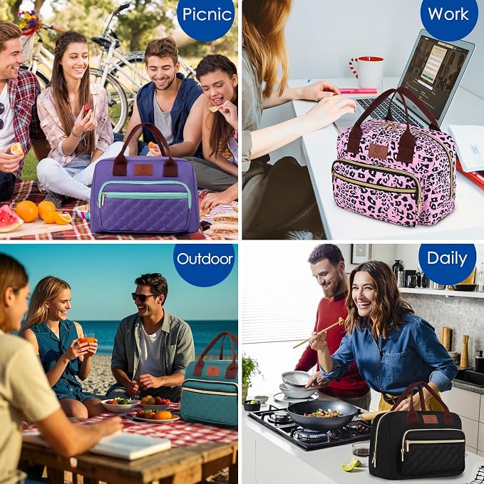 Insulated Lunch box for Women,Leakproof Quilted Thermal Lunch Bag, 14L Large Capacity Lunch Tote Bag Lightweight LunchBox Cooler for Work, School, Picnic or Travel with 2 Front Pocket-Leopard print