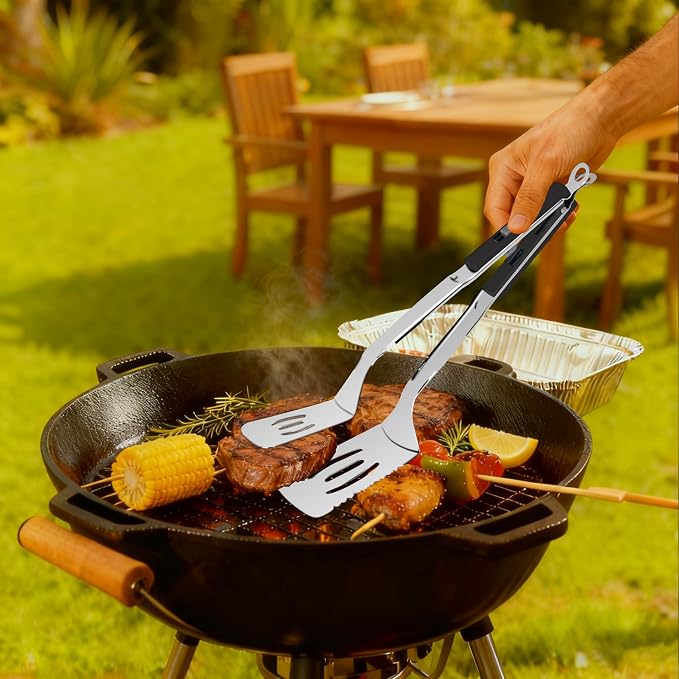 13.5-inch Stainless Steel Tongs for Cooking – Versatile Metal Spatula Tongs for Flipping, Picking Up, Cutting, and Stir-Frying Meats and Other Foods. Kitchen Tongs Durable and Multifunctional.(Black)