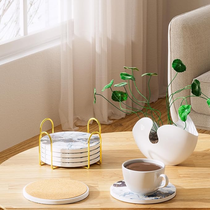6Pcs/Set Marble Abstract Ceramic Coasters with Holder, Absorbent Drink Coasters, Coffee Cup Coaster,Round Ceramic Table Coasters Set Decorative