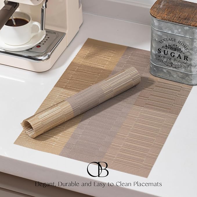 Placemats Set of 12 - Easy Clean Woven Vinyl Placemats for Dining Table, Indoor/Outdoor Place Mats, Washable PVC Table Mats （Gold Dune）