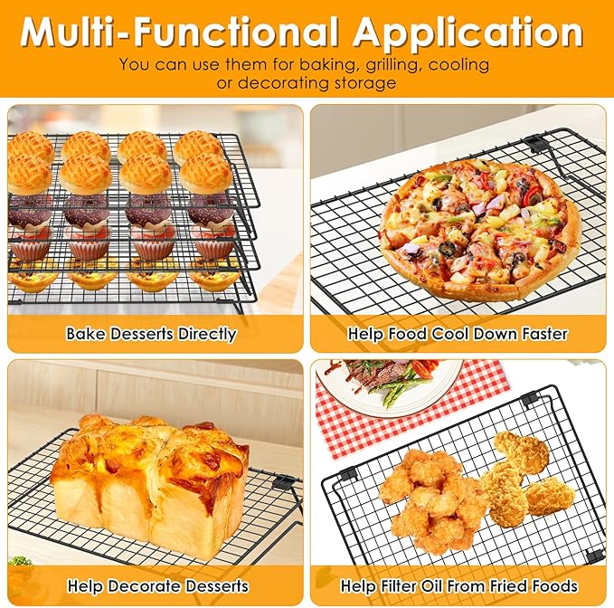4 Pack Cooling Racks for Cooking and Baking, 13.4 x 9.4 Inch 4-Tier Stackable Tall Baking Racks, Carbon Steel Roasting Wire Rack for Baking, Oven Cooking, Grilling Making Jerky (Black, 13.4“ x 9.4”)