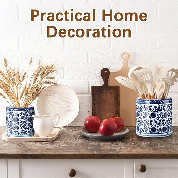 SiliFine 2 Pcs Blue and White Kitchen Utensil Holder 5"+6.1" Ceramic Kitchen Cooking Holder for Countertop Large Utensil Crock for Home Decor Parties Chinoiserie Blue