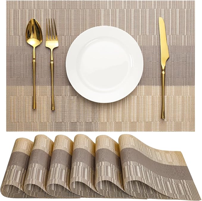 Placemats Set of 6, Vinyl Woven Place Mats Indoor Set of 6 Washable Wipeable PVC Table Mats Heat-Resistant Non Slip Plastic Placemat for Kitchen Dining Outdoor Table (Gray Gold, Set of 6)