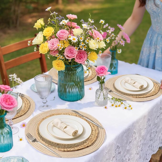 Handmade Round Boho Placemats Set of 4 | Natural Woven & Polyester Braided Combo Table Mats | 8-Piece Versatile Place Mats | Simple Rustic Farmhouse Style Dining Table Decor