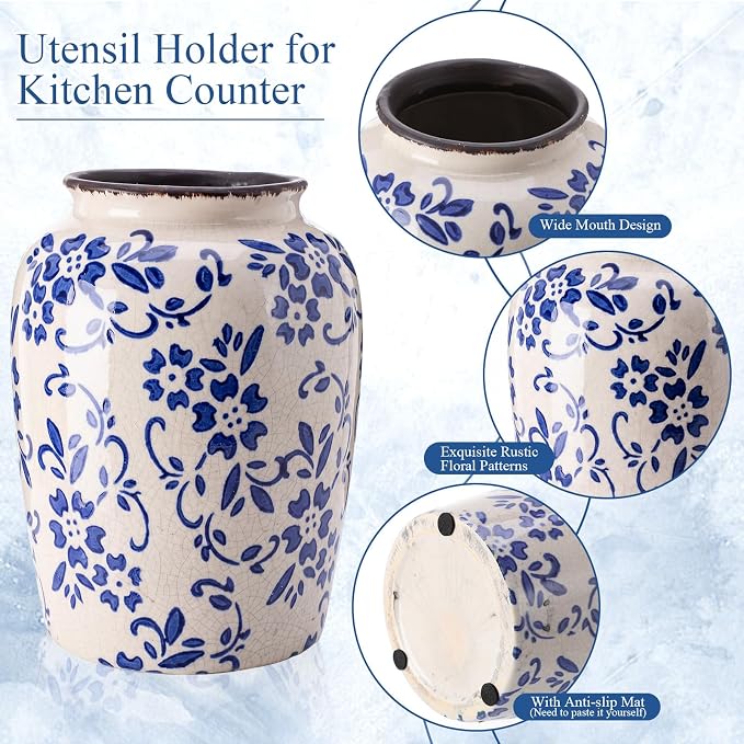 Vintage Kitchen Utensil Holder Chinoiserie Floral Ceramic Utensil Holder Crock Farmhouse Rustic Blue and White Kitchen Decoration for Countertop Organizer