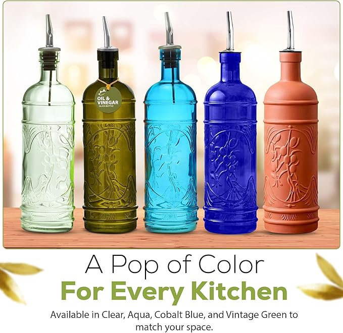 COURONNE CO. My Eco Glass Olive Oil Dispenser Bottle for Kitchen - Vinegar Dispenser Bottle with Pour Spouts - 16 oz - Aqua Blue