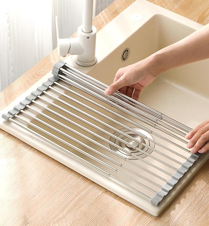 Roll Up Dish Drying Rack for Kitchen Sink | Foldable, Expandable, Over Sink Drainer, Stainless Steel, For Dishes Utensils and Kitchen Organization