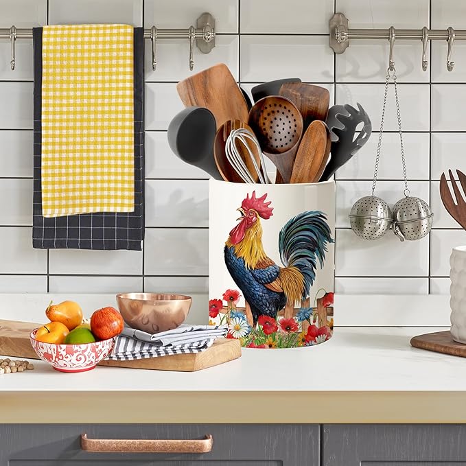 pinata Rooster Kitchen Decor Ceramic Utensil Holder, Cute Rooster Utensils Holder for Farmhouse Indoor Kitchen Decorations Rustic Farmhouse Decor (6.3 inch)