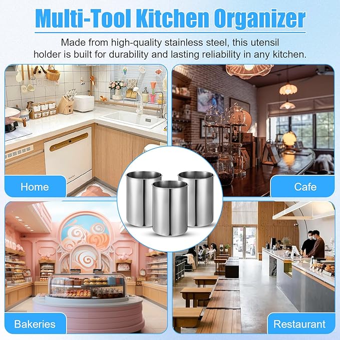3 Pcs Cooking Utensil Holder for Kitchen Counter, 5.6 x 7.5 inch Metal Utensil Crock Stainless Steel Utensils Holder Container Canister Spatula Spoon Caddy Organizer (Silver)