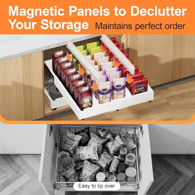 Pull out Cabinet Organizer Expandable W(12"-20") and D(16"-22"), No Drill Adjustable Slide Out Drawers With 3 Slide Rails, 2Pcs Magnetic Panel, Adhesive Roll out Shelves for Kitchen, Cabinets, Pantry