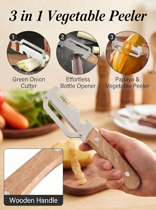3 in 1 Multifunction Vegetable Peeler + Bottle Opener + Grater with Wooden Handle, Stainless Steel Hand Held Peeler for Potato, Pumpkin, Carrot, Fruit and Vegetable Peeler for Kitchen 2 Pcs