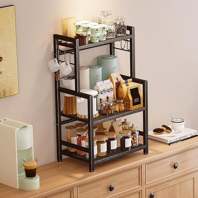 Kitchen Countertop Organizer, 3 Tier Large Spice Rack Organizer with Adjustable Shelf and 5 Hooks, Wooden Counter Organizer, Space Saving Countertop Shelf Microwave Stand for Kitchen,Coffee Bar,Black