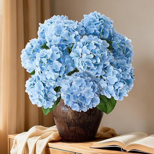 A Bunch 21in, Real Touch Hydrangea Artificial Flowers, with 5pcs Flower Head 10pcs Leaves, Faux Hydrangea Flowers for Home Office Decor Wedding Party Arrangements (1, Blue)