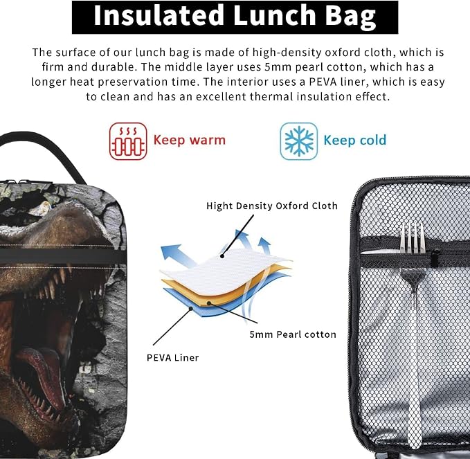 YETTA YANG 3d Dinosaur Trex Dino Portable Lunch Bag Insulated Lunch Box Reusable Totes For Women Men Work Picnic Camping
