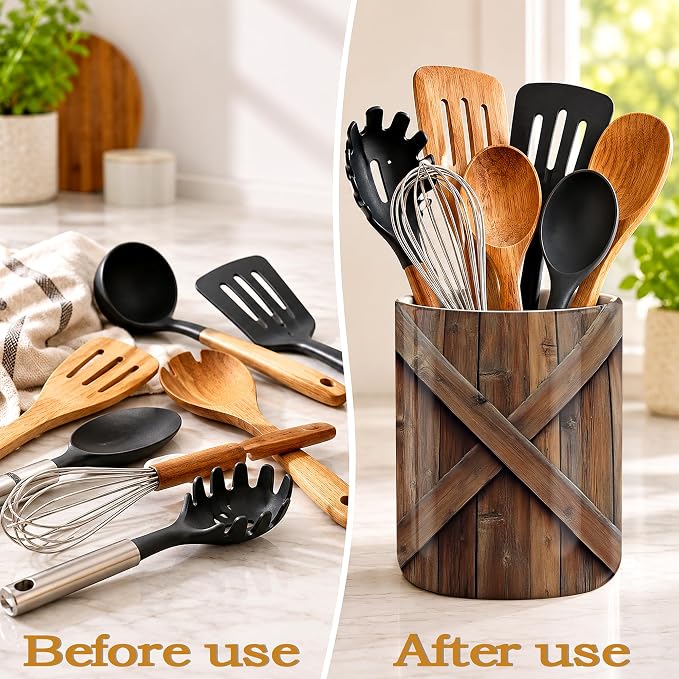 Vintage Barn Door Kitchen Utensil Holder,Wooden Large Ceramic Utensil Crock for Countertop,Cooking Utensil Organizer for Spatulas,Spoons