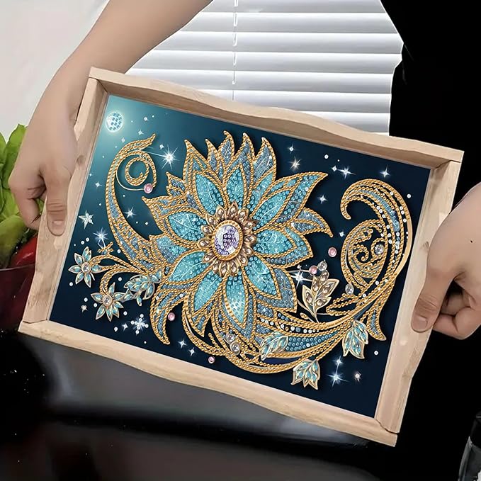 DIY Diamond Serving Tray Rectangular Wooden Breakfast Tray with Handle Handmade Diamond Art Painting Spring Creative Dinner Plate Coffee Room Living Home Organizer-Mandala02