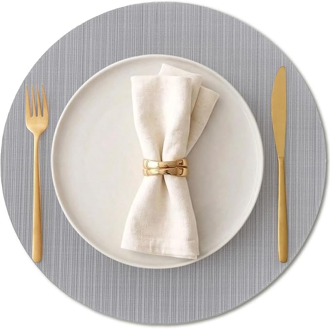 AHHFSMEI Round Placemats Set of 6 Woven Vinyl Non-Slip Heat Resistant Stain Resistant Easy Clean Place mats for Dining Table(Grey)