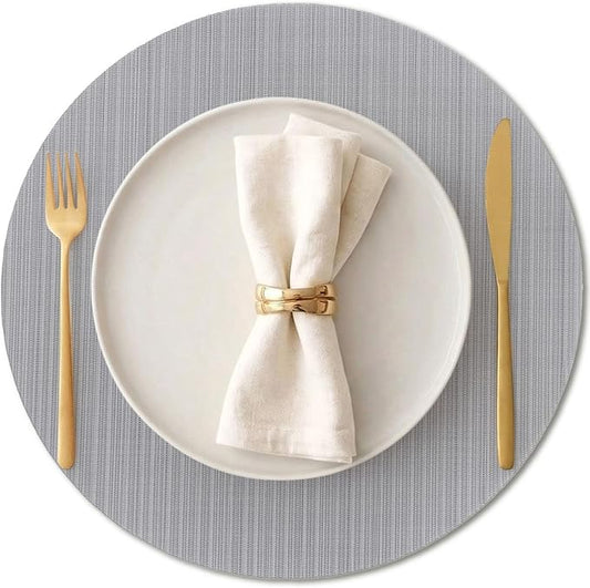 AHHFSMEI Round Placemats Set of 6 Woven Vinyl Non-Slip Heat Resistant Stain Resistant Easy Clean Place mats for Dining Table(Grey)