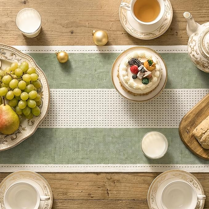 Artoid Mode Sage Green Farmhouse Rustic Table Runner, Seasonal Macrame Fabric Kitchen Dining Holiday Wedding Table Decor for Home Party 13x108 Inch