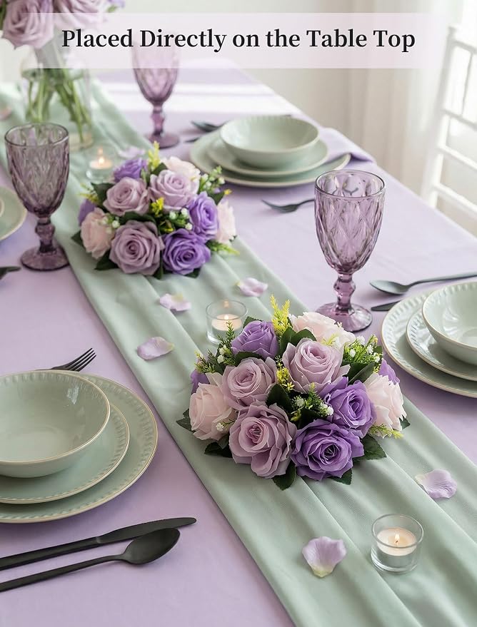 BLOSMON Wedding Rose Centerpieces Tables: Purple Lilac Pink Fake Roses | 10 Pcs Faux Flowers Balls Arrangement for Table Decor - Artificial Silk Floral Bouquet with Base Party Reception Decorations