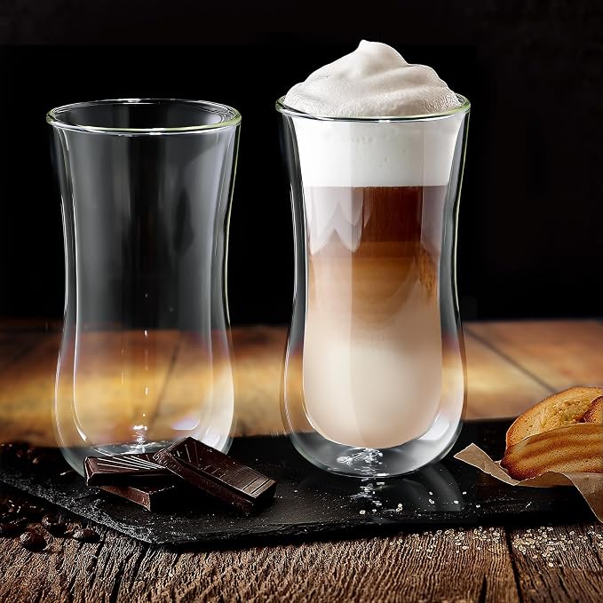 Joeyan Glass Double Walled Beer Drinking Glasses Tumbler, Double Layer Tall Borosilicate Insulated Water Cocktail Glass Cups, Double Lined Thermo Tea Coffee Hot Beverage Glassware 12 oz, Set of 2