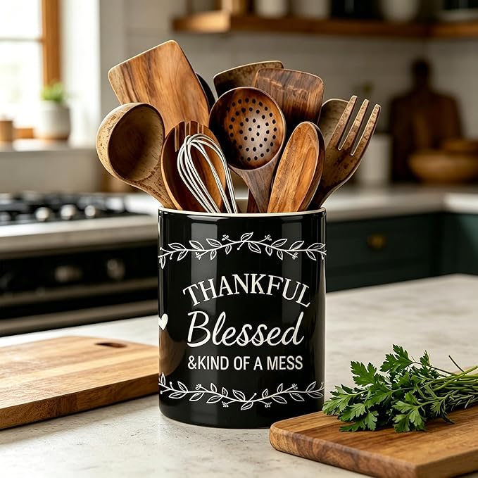 Black Utensil Holder, Ceramic Kitchen Utensil Holder, Utensil Crock for Home Kitchen Countertop Storage Organizer Container, Large Holder for Spatulas, Spoons, Kitchen Counter Decor, 6"