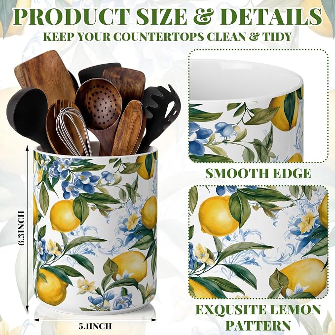 Suclain Lemon Ceramic Utensil Holder 6.3 Inch Rustic Kitchen Crock Summer Lemon Floral Design Countertop Storage Organizer for Spatula and Spoon Home Cooking Unique Gift Idea