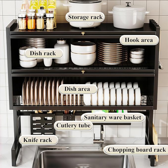 Over The Sink Dish Drying Rack Space-Saving 3 Tier with Cover Dish Rack with Dustproof Cover and Knife Holder Large Capacity Kitchen Organizer for Plates, Bowls, and Pots(Black,75cm)