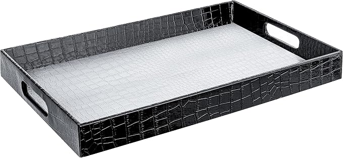 Home Redefined 17.5"x12" Silver & Black Glossy Crocodile Faux Leather Serving Tray Beautiful Modern Elegant Decorative Tray with Handles Ottoman Coffee Table Tv Remote Storage for All Occasion's