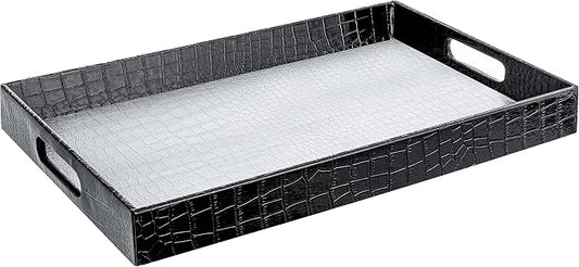 Home Redefined 17.5"x12" Silver & Black Glossy Crocodile Faux Leather Serving Tray Beautiful Modern Elegant Decorative Tray with Handles Ottoman Coffee Table Tv Remote Storage for All Occasion's