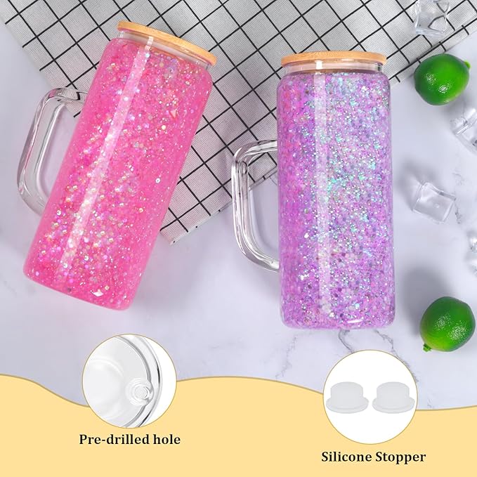 20 Oz Snow Globe Glass Cup With Handle, 4 Pack Pre-Drilled Double Wall Glass Coffee Mug For Snowglobe Diy Glitter, Double Wall Snow Globe Tumbler with Bamboo Lid