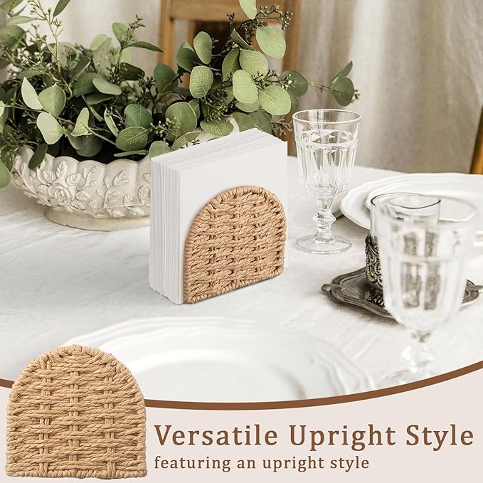 Threehoney Woven Rattan Wicker Upright Napkin Holders for Table Standing Paper Dispenser for Guest Restaurant Kitchen Bathroom Room Cocktail Decoration Indoor & Outdoor Party Use(Arched,Flaxen)