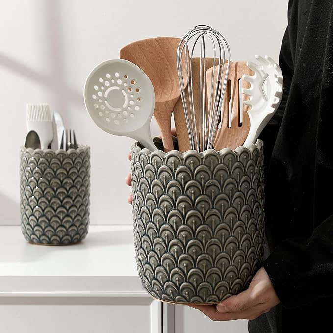 JIEMEI HOME Kitchen Utensil Holder, Large 7.5"+6.2" Petal Ceramic Utensil Crock for Countertop, Utensil Holder with Cork Mat, Morden Utensil Organizer for Spatula, Kitchen Decor, Set of 2-Grayish Blue