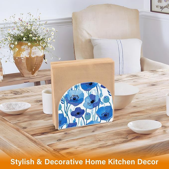 Blue Poppy Flowers with Light Blue Leaves Napkin Holder for Table Acrylic Vertical Napkin Holders for Paper Napkins Decor Napkin Dispenser for Home Party Dining Cocktail Kitchen Accessories, 2 Pack