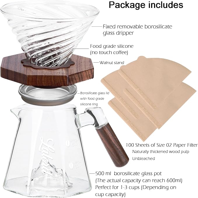 Lalord Pour Over Coffee Maker, 20 oz Borosilicate Glass Set with 100 pcs Paper Filter, Walnut Collar & Glass Lid, Drip Coffee Maker, 1-3 Cups, Clear (B-600 ml Set)